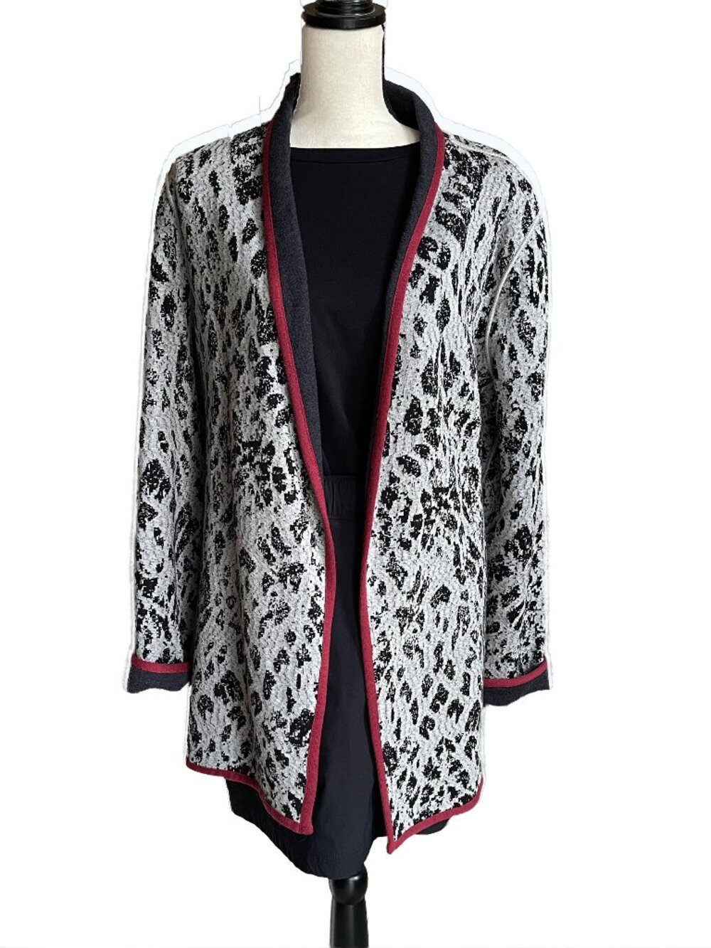 NIC+ZOE Leopard Print Convertible Wrap Cardigan with Red Contrast Trim L